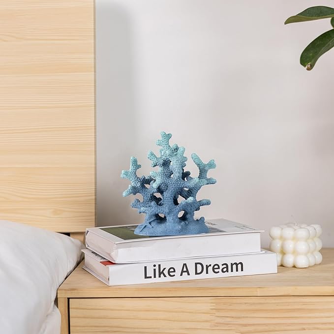 7.1" H Blue Coral Decor, Resin Coral Statue, Nautical Decorations for Home, Bedroom, Bathroom, Living Room, Beach/Coastal/Ocean Themed Cabinet Shelf Tabletop Decor-Ruum Studio Home