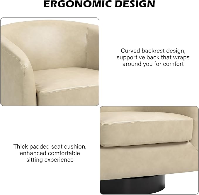 Swivel Barrel Accent Chair, Modern Round Faux Leather Arm Chair for Living Room, Bedroom, Comfy Club Reading Chairs for Adults, Faux Leather, Cream, Set of 1-Ruum Studio Home
