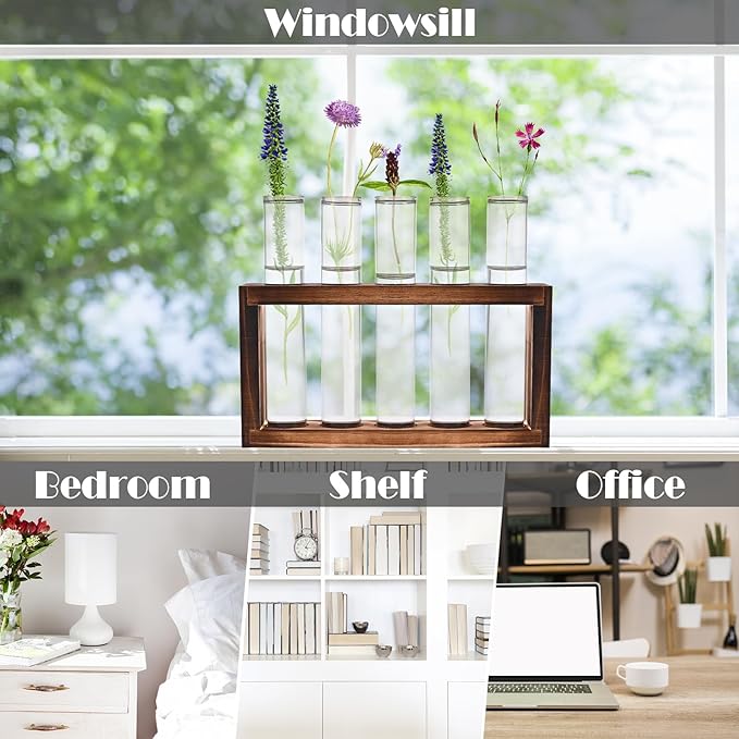 Desktop Glass Plant Propagation Station with 5 Test Tubes in Wooden Stand - Hydroponic Plants Cutting Office Home Decoration and Garden Decor Terrarium (5 Tubes)-Ruum Studio Home