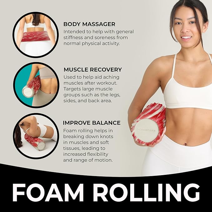 Oceanfoam Tidal Roller - Red Marbled - Muscle Massage Foam Roller for Back Pain & Stretching - Firm and Ergonomic Wide Wave Textured - Yoga, Athletics, & Wellness - Full Size, 20" x 5"-Ruum Studio Home