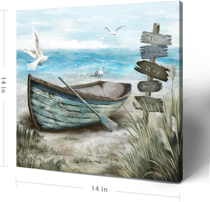 Bathroom Wall Art Coastal Décor Nautical Boat on Beach Canvas Picture Ocean Seagull Seascape Canvas Print Sea Bird Farmhouse Artwork for Seashore Bedroom Living Room Small Square Blue Teal 14x14"-Ruum Studio Home