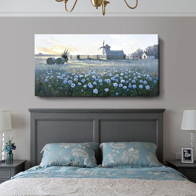 amatop Oversized Farmhouse Wall Art – Botanical Picture Flower Blue Rose & Windmill Countryside Scene Canvas Print, Large Floral Landscape Artwork Decor for Living Room Dining Room Hallway 58x29 Inch-Ruum Studio Home