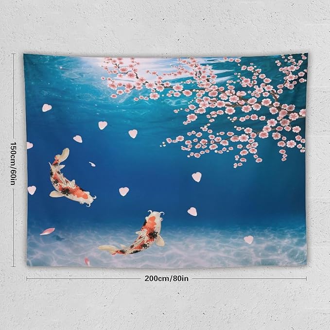 Japanese Koi Fish Tapestry, Cherry Blossoms Asian Oriental Blue Floral Branch Koi Fish Carp Tapestries Wall Hanging for Bedroom Living Room Office Decor 80"x60"-Ruum Studio Home