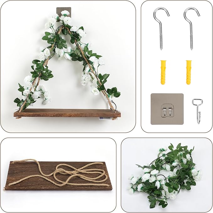 Floating Shelves for Wall,Plant Wall Decor,Hanging Shelf,Cottage Core Decor,Room Decor Aesthetic,Boho Room,Adhesive Shelves,Floating Shelves for No Drilling,Two-Piece Set(White Flower)-Ruum Studio Home