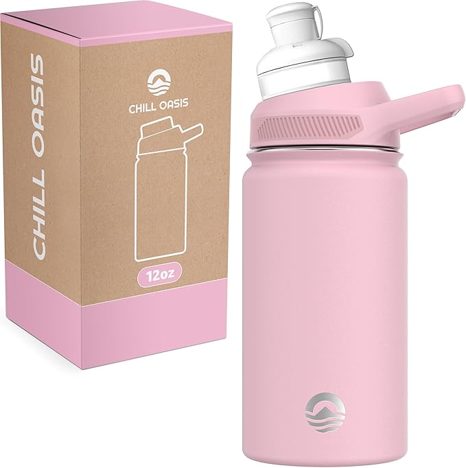 Chill Oasis Water Bottle | Compatible With Popular Flavor Cartridges | BPA Free, Leak Proof, Double-Walled Vacuum Insulated Stainless Steel, and Dishwasher Safe | Cold for 24 Hours (Pink, 12oz)-Ruum Studio Home