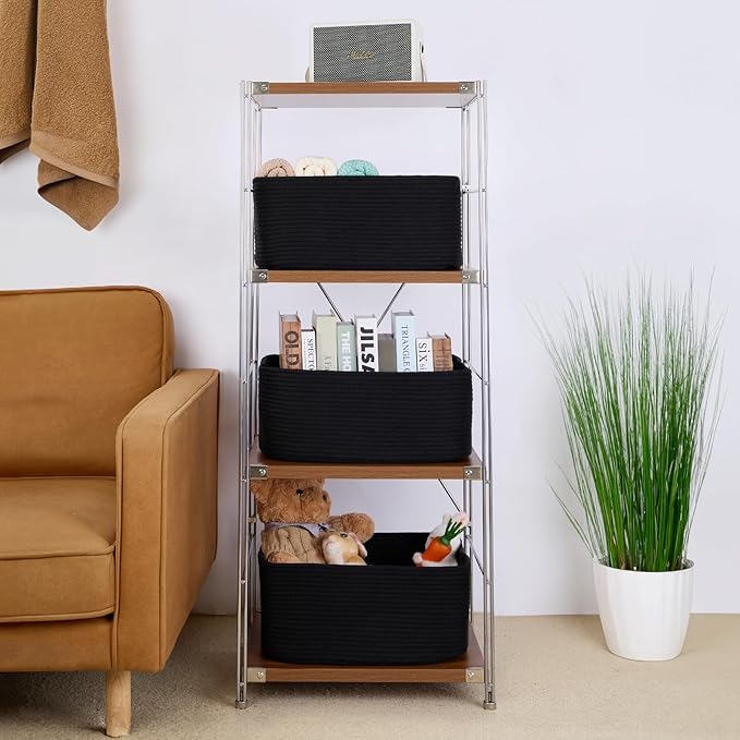 Large Storage Baskets for Organizing, Closet Shelf Baskets for Clothes Blanket Towels, Baby Nursery, Toy Bins Box, Woven Rope Baskets, 17 x 13 x 7.5”, 4 Packs Black-Ruum Studio Home