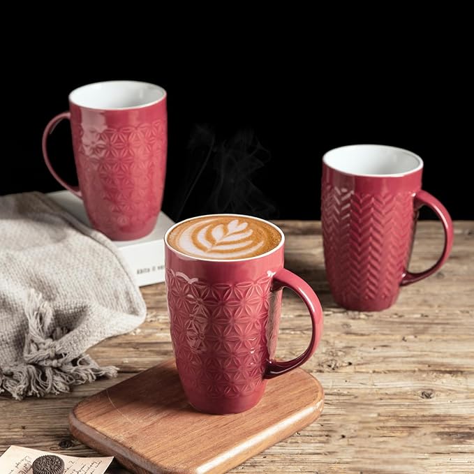 AmorArc Extra Large Coffee Mugs Set of 6, 20oz Ceramic Tall Coffee Mugs with Textured Geometric Patterns for Latte/Tea/Beer/Hot Cocoa, Dishwasher & Microwave Safe, Burgundy-Ruum Studio Home