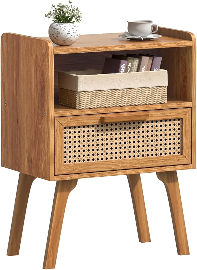 Lerliuo Rattan Nightstand, Side Table with Drawer Open Shelf, Cane Accent Bedside End Table with Solid Wood Legs, Mid Century Modern Night Stand for Bedroom, Dorm and Small Spaces (Tea Brown)-Ruum Studio Home