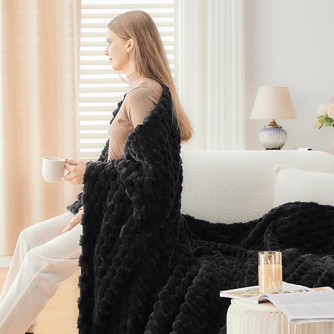 NEWCOSPLAY Super Soft Throw Blanket Black Premium Silky Flannel Fleece 3D Clouds Stylish Jacquard Lightweight Bed Blanket All Season Use 350GSM (Black, Throw(50"x60"))-Ruum Studio Home