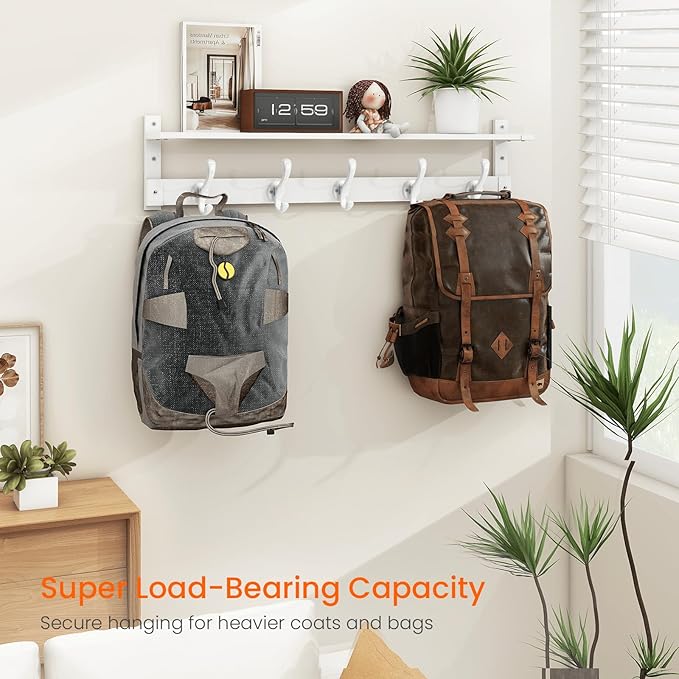 Homode Coat Rack With Wall Shelf, 29" Wooden Entryway Floating Shelf With Hooks Underneath, Hanging Coat Hanger for Bathroom, Living Room, Bedroom, Hallway, White-Ruum Studio Home