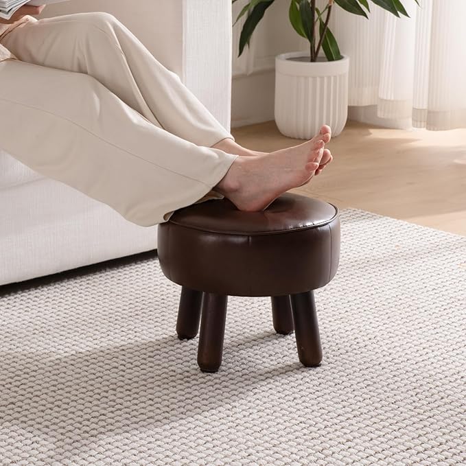 Small Foot Stool Ottoman, Round Pouf Foot Rest, Footstool Ottomans with Rubber Legs Under Desk, Faux Leather Footrest for Couch, Living Room, Bedroom, Office, 13''L x 13''W x 10.2''H, Coffee-Ruum Studio Home