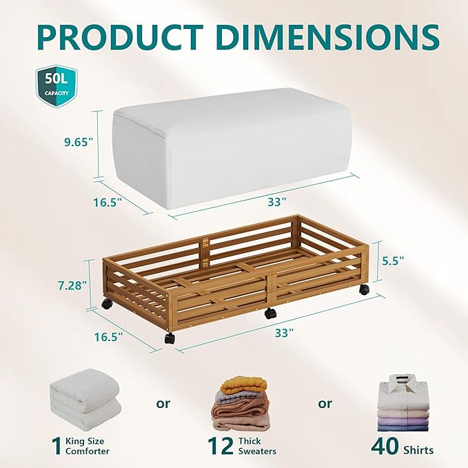 Bamboo Under Bed Storage Containers- Underbed Organizer with Wheels with Large Dust Bag,Sturdy Wood Rolling Under the Bed Shoe Storage Organizer Drawer 2 Packs (Walnut, Long)-Ruum Studio Home