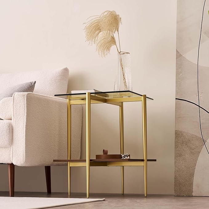 Glass End Table, Mid-Century Modern Design Sofa Table, for Living Room, 2-Tier Structure, Clear Glass Top and Walnut MDF Shelf, Sleek Conical Metal Legs with Gold Finish Frame-Ruum Studio Home