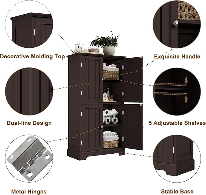 ChooChoo Bathroom Floor Cabinet, Modern Bathroom Storage Cabinet with 4 Doors and Adjustable Shelves, Freestanding Cupboard for Living Room, Espresso-Ruum Studio Home