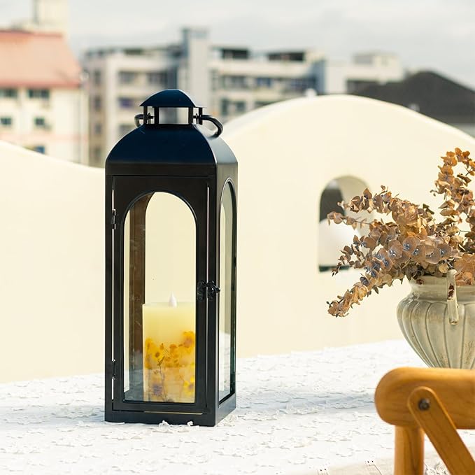 Bdor 2 Pack Large Luxury Lantern Decorative Tall 20 Inches Black Metal Hurricane Lanterns with Tempered Glass Panels for Front Porch,Tabletop, Mantle, Wall Hanging, or Garden, Indoor & Outdoor Décor-Ruum Studio Home