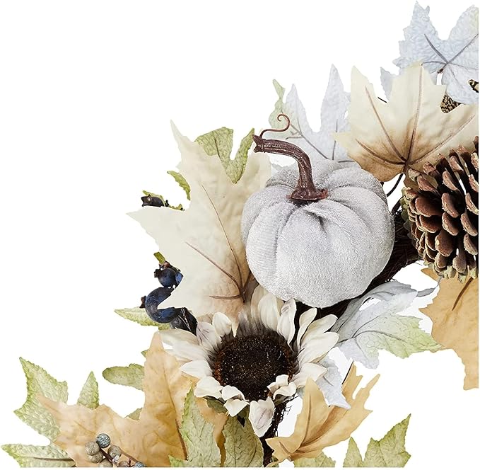 Admired By Nature 24 Inch Artificial Pumpkin Sunflower Fall Wreath Wall Door Farmhouse Decor For Home Office Thanksgiving Harvest Wreaths For Front Door Cemetery Wreaths Indoor Outdoor, Rustic White-Ruum Studio Home