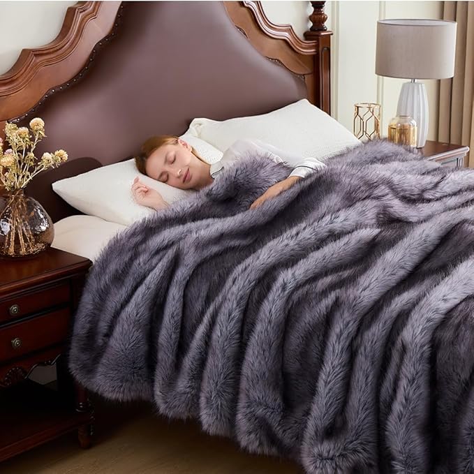 Fluffy Faux Fur Throw Blanket – Super Soft Warm Thick Plush Blanket for Bed, Couch & Office, Cozy Fuzzy Throw with Flannel Backing,50"x60", Grey-Ruum Studio Home