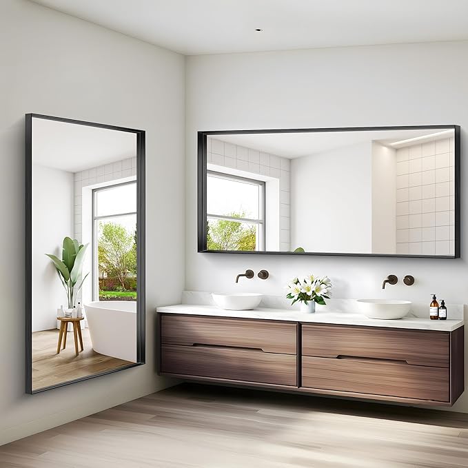 Black Bathroom Mirror, 72x36 Inch Rectangular Deep Frame Mirror, Large Wall Mounted Bathroom Vanity Mirror Over Sink for Bedroom,Restroom, Living Room, Hangs Vertically or Horizontally-Ruum Studio Home