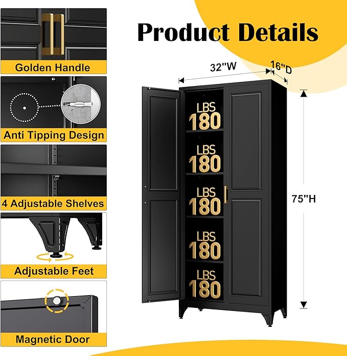 Kitchen Pantry Cabinet,75”Black Metal Storage Cabinets with Doors and 4 Adjustable Shelves,Kitchen Cabinet with 2 Gold Handles,Tall Cabinet for Livingroom, Bathroom-Ruum Studio Home