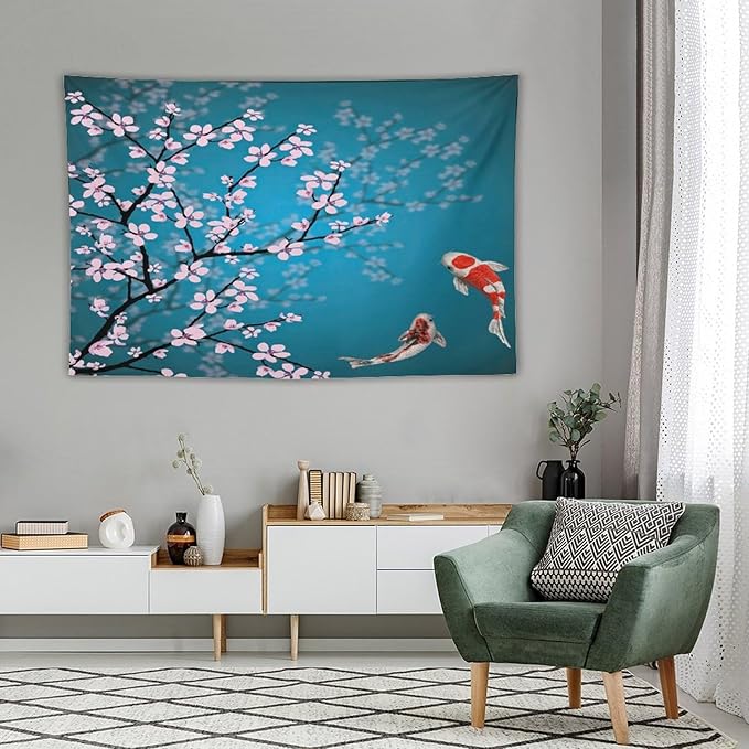 Houselerax Japanese Koi Fish Tapestry, Cherry Blossoms Asian Oriental Green Teal Flower Branch Koi Fish Carp Tapestries Wall Hanging for Bedroom Living Room Office Decor 90"x60"-Ruum Studio Home