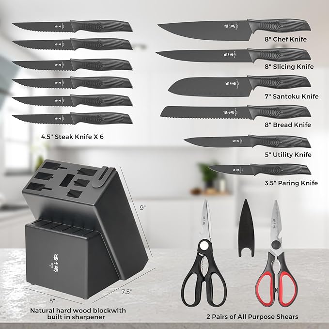 ZHANG XIAO QUAN SINCE 1628 15Pcs Knife Sets for Kitchen with Block,Knife Set with Built-in Sharpener Dishwasher Safe（Master A）-Ruum Studio Home