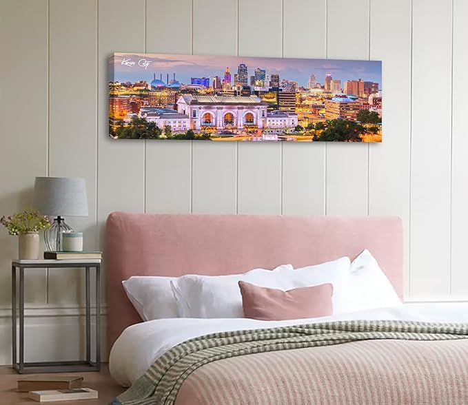 Pictures for Bedroom Kansas City Skyline Wall Art Canvas Prints Cityscape USA City Building Panoramic Night View Posters Modern Home Office Living Room Decoration Framed 13.8"x 45.3"-Ruum Studio Home