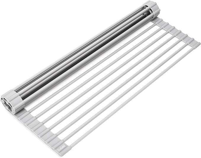 Surpahs Over Sink Foldable Multipurpose Roll-Up Dish Drying Rack, Silicone Wrapped Stainless Steel, Warm Gray, 17.5" x 13.1"-Ruum Studio Home