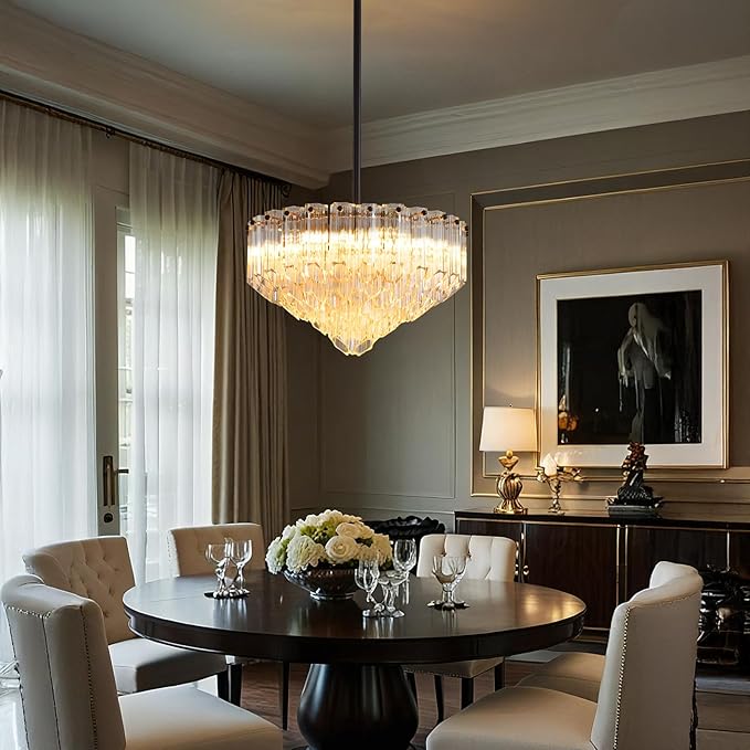 Modern Clear Glass Chandelier, 14" Round Crystal Dining Room Chandelier, Small Black Pendant Light Hanging Fixture for Bedroom, Kitchen Island Light Dimmable Ceiling Lighting Chandeliers for Bathroom-Ruum Studio Home