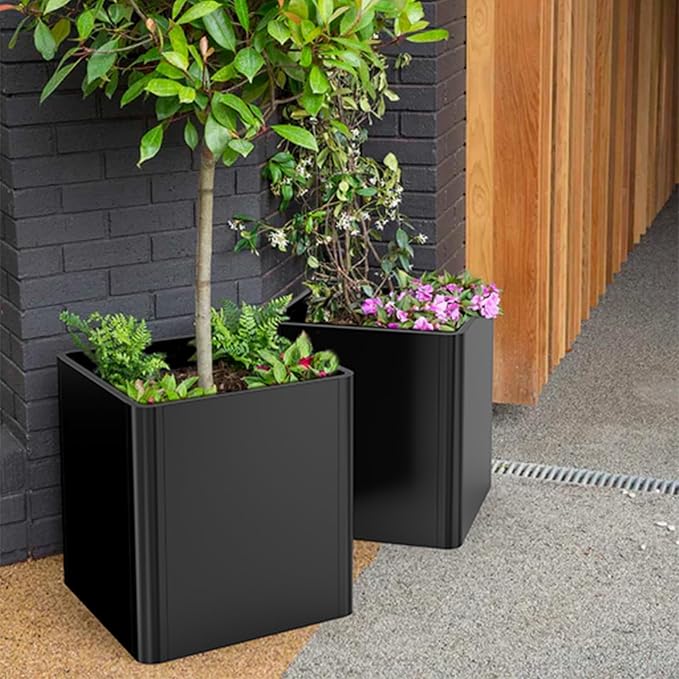 Metal Square Planter Box, Galvanized Steel Planters for Outdoor Plants, 20"x 20"x 21" Black Large Outdoor Planters with Drainage Hole for Porch/Patio/Garden-Ruum Studio Home