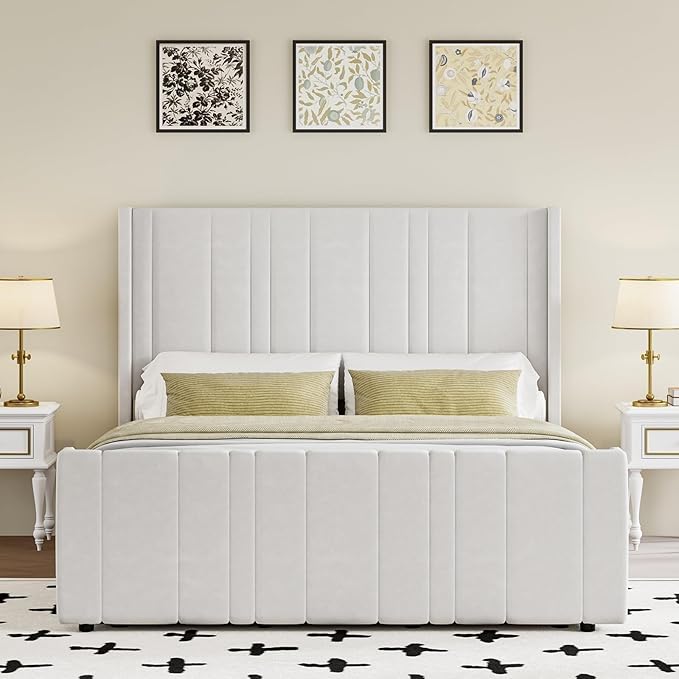 HOMBCK Full Bed Frame Upholstered Bed with Vertical Channel Tufted Headboard & Footboard/Wooden Slats/No Box Spring Needed/Easy Assembly, Cream-Ruum Studio Home