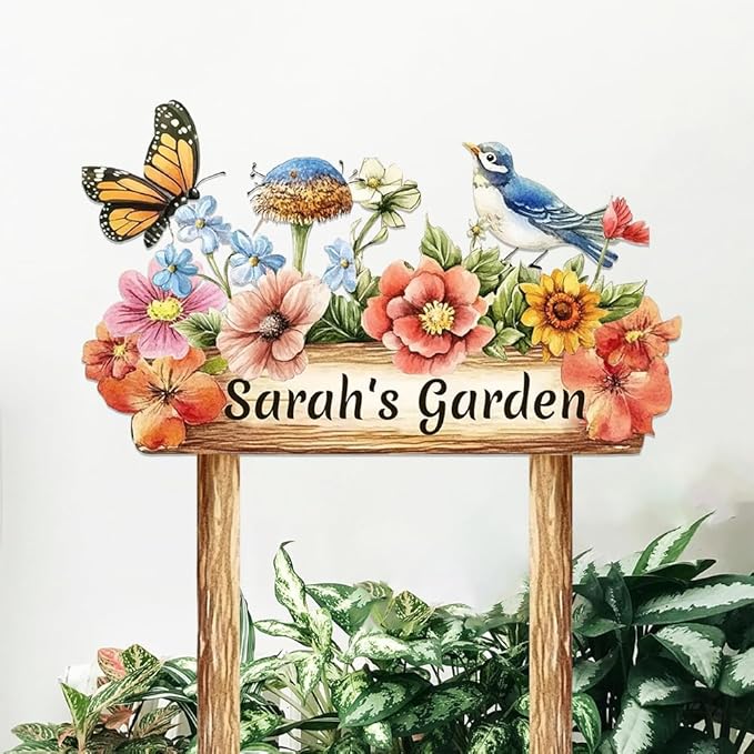 Personalized Colorful Bird Metal Sign with Stake,Custom Gardener Last Name Signs Outdoor Decorate,Customized Garden Accessories Decor for Mom,Butterfly Flowers Plaques for Patio Lawn Porch Backyard-Ruum Studio Home
