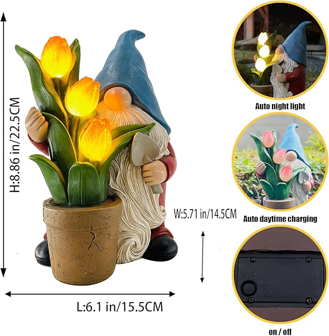 COWOS Garden Gnome Statue, Sculpture of a Dwarf Holding a Shovel and a Flower Pot, Solar Gnome Statues Outdoor Decor, Outside Lawn Patio Yard Ornament Gifts-Ruum Studio Home
