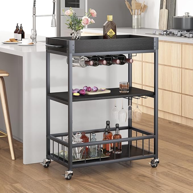 Bar Cart Serving Wine 3 Tier Home Rolling Rack with Wheels Mobile Kitchen Industrial Vintage Style Wood Metal Serving Trolley Serving Cart, Drink Cart for Living Room Kitchen-Ruum Studio Home