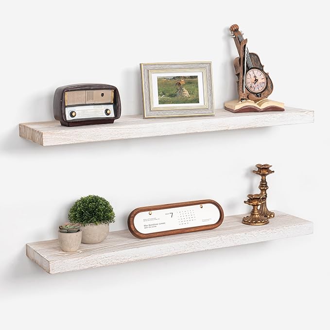 Axeman Floating Shelves for Wall - 32''W x 8'' D Rustic Solid Elm Wood Shelves for Storage, Wall Mounted Display Shelving with Invisible Heavy-Duty Metal Bracket (White Wash, 2PCs)-Ruum Studio Home