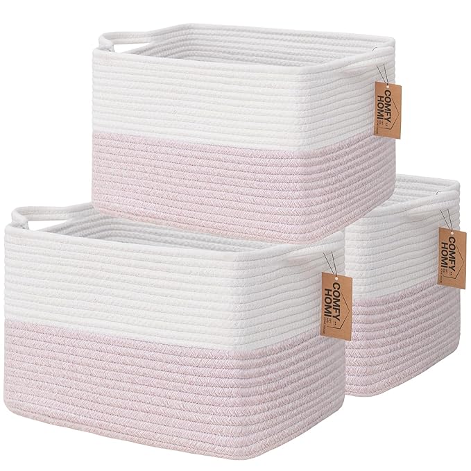 COMFY-HOMI 3PACK Cotton Rope Square baske with Handles for Shelves|Dog Toy baske Bin and Storage|Baby baske for Gift|Shoe baske for Organizing|13.5" x 11" x 9.5" for Living Room（White/Pink）-Ruum Studio Home