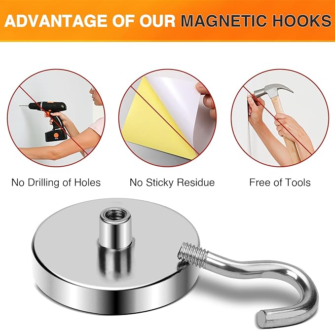 MIKEDE Strong Magnetic Hooks, 110Lbs Heavy Duty Magnetic Hooks for Cruise Cabin, Neodymium Earth Magnets with Hooks for Hanging, Super Metal Industrial Magnetic Hanger for Grill, Cruise, Storage-Ruum Studio Home