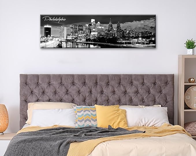 DJSYLIFE Philadelphia Skyline Canvas Art - 13.8"x47.3" Black & White Cityscape Wall Decor, Modern Panoramic Night View Print for Living Room, Office, Bedroom - Ready to Hang-Ruum Studio Home