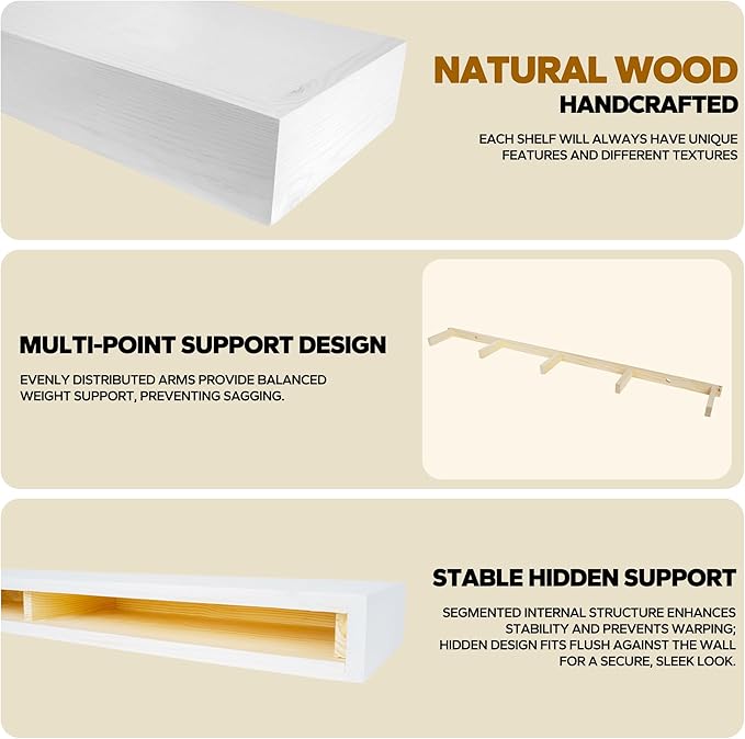 Floating Shelves 3 inch Thick for Wall Set of 2,Solid Pine Wood Wall Mount Shelf for Kitchen Living Room Bedroom Bathroom,8" D x 60" L x 3" H-White-Ruum Studio Home