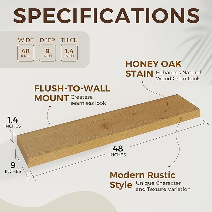 48 inch Floating Shelves for Wall Large Wall Mounted Shelves with Invisible Brackets, Oak Long Shelves for Bathroom, Living Room, Kitchen, Office, 48x9.1 inch deep Set of 2-Ruum Studio Home