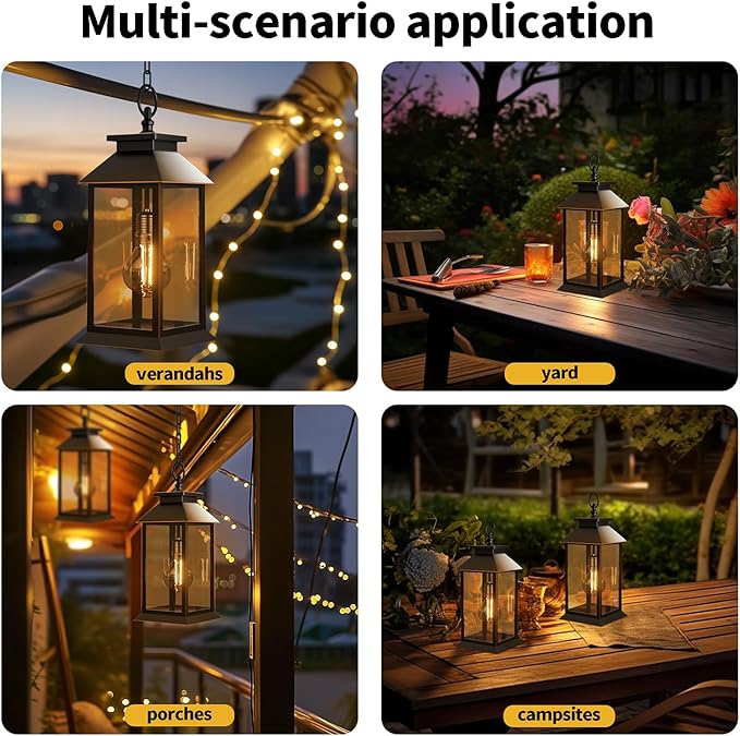 2 Pack Hanging Solar Lanterns Glass Solar Lights Outdoor Waterproof Upgraded Solar and 2 AA Batteries Powered, for Outside Porch, Patio and Indoor Tables, Mantelpiece-Ruum Studio Home