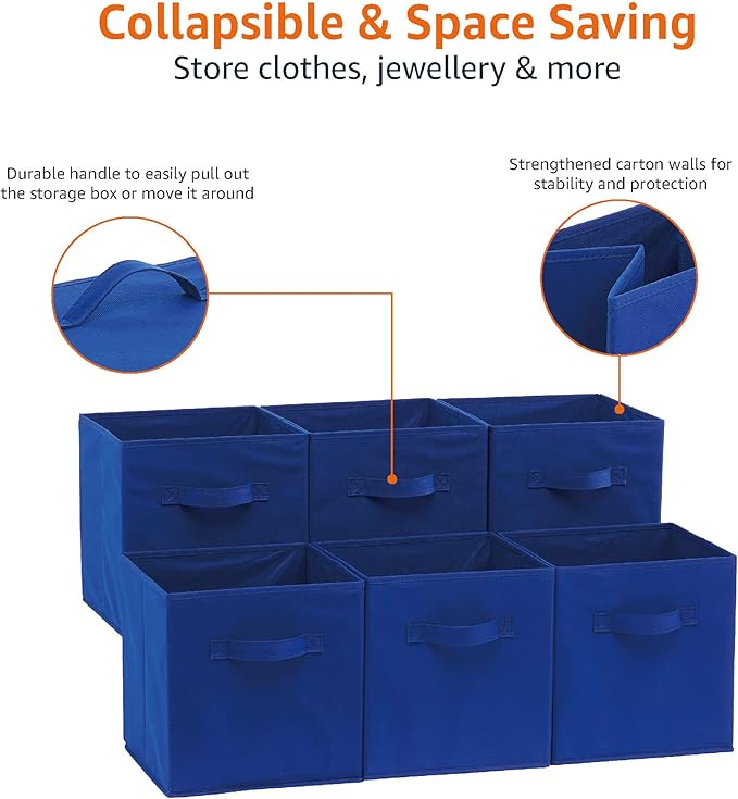 Amazon Basics Cube Organizer Storage Bins Handles, Collapsible Fabric, Pack of 6, 10.5"x10.5"x11", Navy-Ruum Studio Home