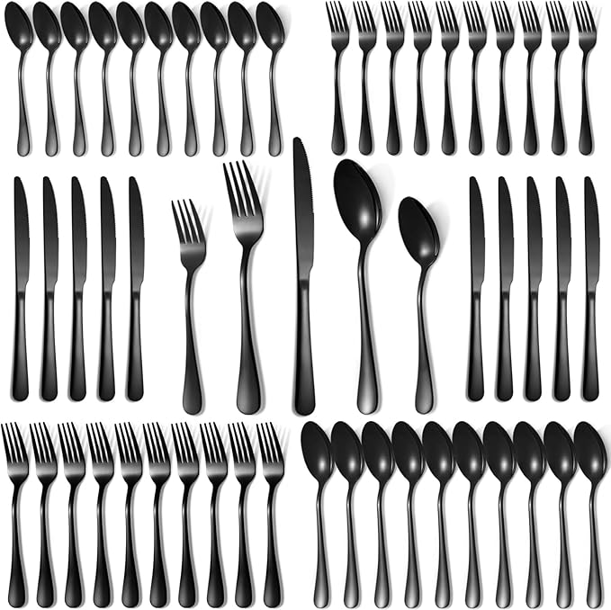 Lazycorner 50 Pcs Black Silverware Set for 10, Mirror Polished Flatware Set Stainless Steel Fork Knife Spoon, Food Grade Eating Utensils Sets, Reusable Silverwear Cutlery Set, Dishwasher Safe-Ruum Studio Home