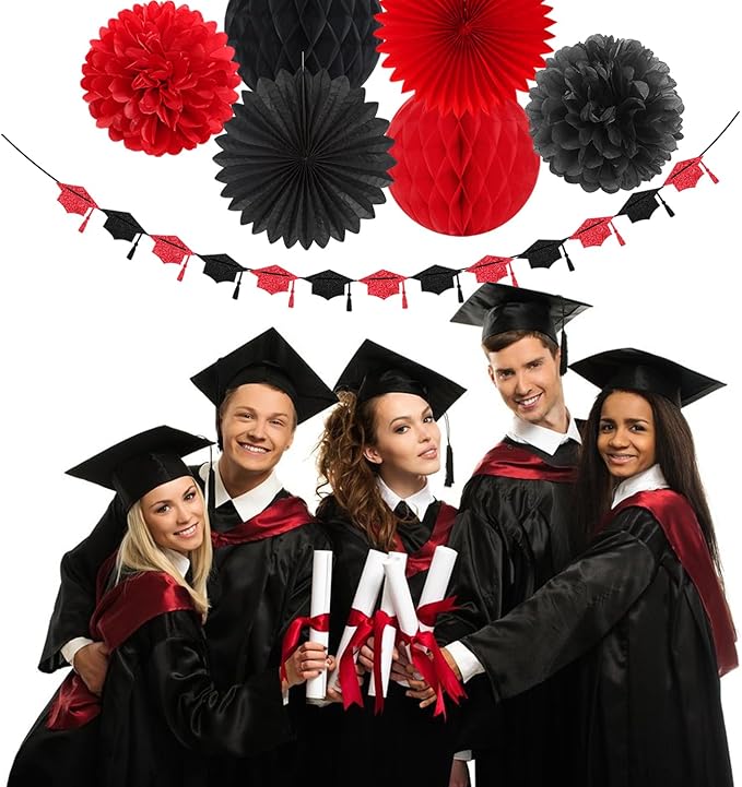 Red Black Party-Decoration Graduation Banner - 14pcs Kits Cap Garland Streamers, Paper Tissue Pom Poms Flowers Fans Honeycomb,Class Of 2025 College High School Grad Decor Hugfond-Ruum Studio Home