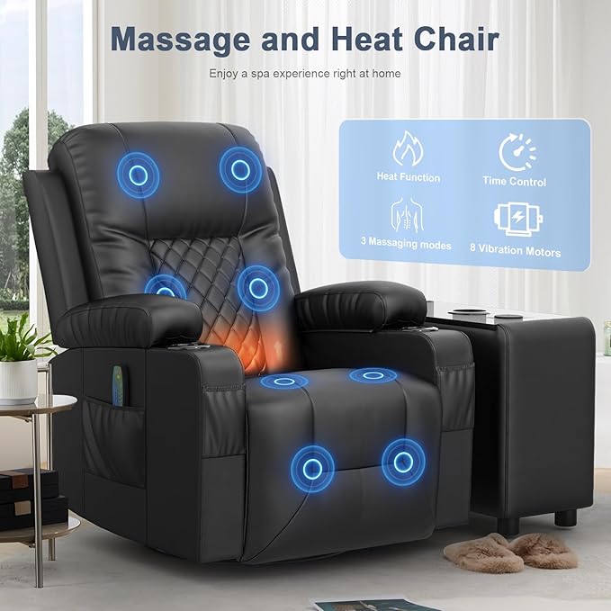 Recliner Chairs with Recliner Side Table End Table for Adults, Massage Rocker, USB Ports, 360 Degree Swivel Single Sofa Seat Living Room-Ruum Studio Home