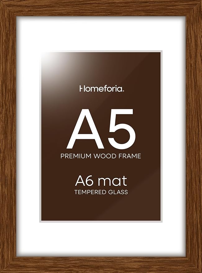Homeforia A5 Picture Frame Brown, High-End Dark Oak 5.8x8.3 Wood Frame Matted to 4.1x5.8 inch Photo, A5 Size Walnut Wooden Frames with Mat A6 Print, 5.8 x 8.3 Frame, Tempered Glass, Wall Kit, Set of 1-Ruum Studio Home