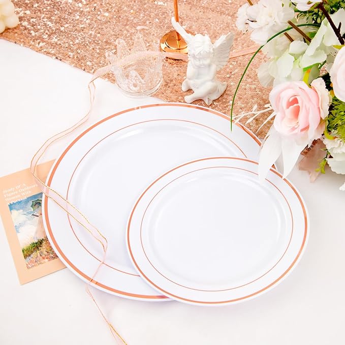 FLOWERCAT 60PCS Rose Gold Plastic Plates - Heavy Duty Rose Gold Plates Disposable for Party Wedding- Include 30PCS 10.25inch Dinner Plates and 30PCS 7.5inch Dessert Plates-Ruum Studio Home