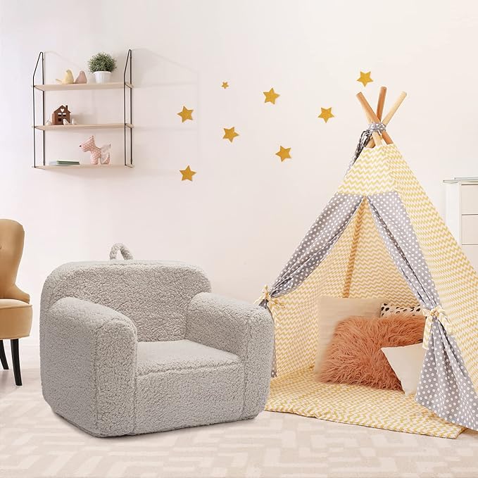 ALIMORDEN Kids Ultra-Soft Snuggle Foam Filled Chair, Toddler Cuddly Sherpa Reading Couch for Boys and Girls, Light Grey-Ruum Studio Home