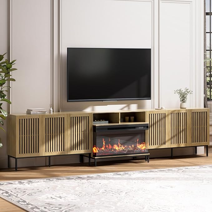 3-Sided Glass Farmhouse Fireplace TV Stand for TVs Up to 110 Inch, Oak Entertainment Center with 36" Electric Fireplace, TV Console with Storage Cabinets for Living Room-Ruum Studio Home