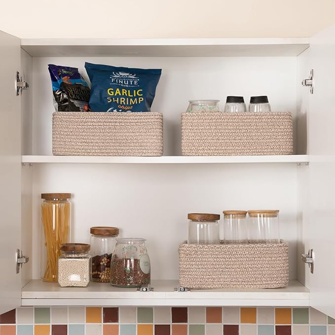 3 Pack Small Storage Baskets for Organizing, Cute Woven Decorative Gift Baskets for Shelves, Mini Closet Organizer Bins with Handles, 11.81''Lx7.87''Wx4.72''H-Brown-Ruum Studio Home