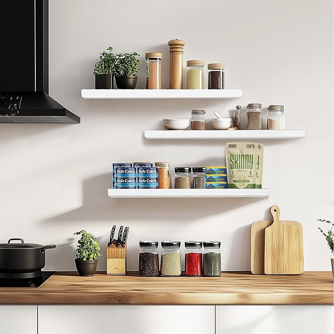 3-Pack Floating Wall Shelves, 24-Inch Rustic White Wooden Shelves for Storage and Décor, Easy Installation for Living Room, Bedroom, and Kitchen-Ruum Studio Home